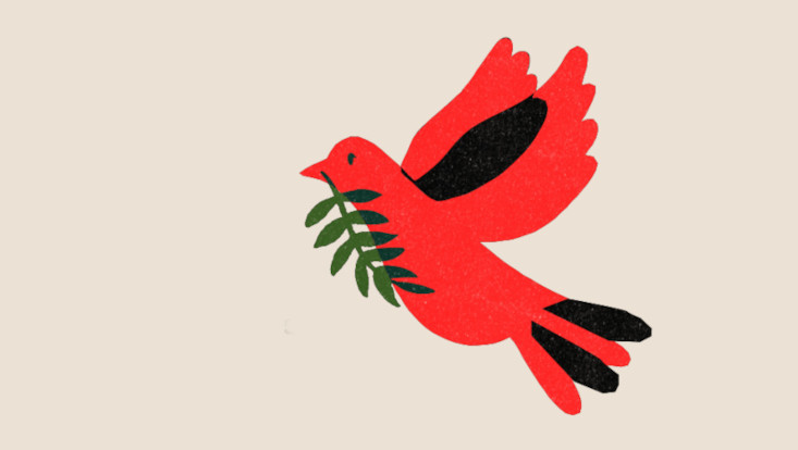 Friedenstaube in rot mit grünem Zweig im Schnabel